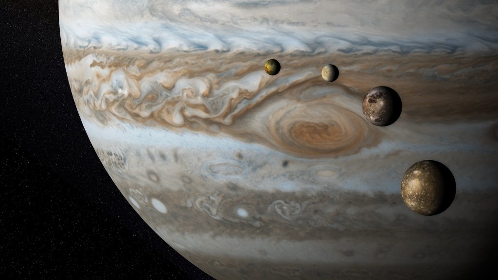 Jupiter with four moons, not to scale