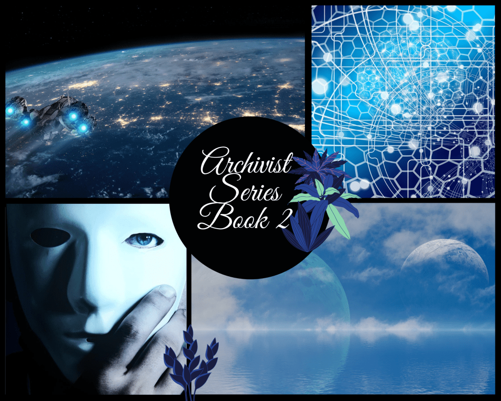 Blue themed collage. Images clockwise from top left: spaceship over an Earth-like planet; hexagonal graphic design with white spots; ocean to horizon with two moons in the sky and clouds; hand removing a white featureless mask from a face with one blue eye visible.