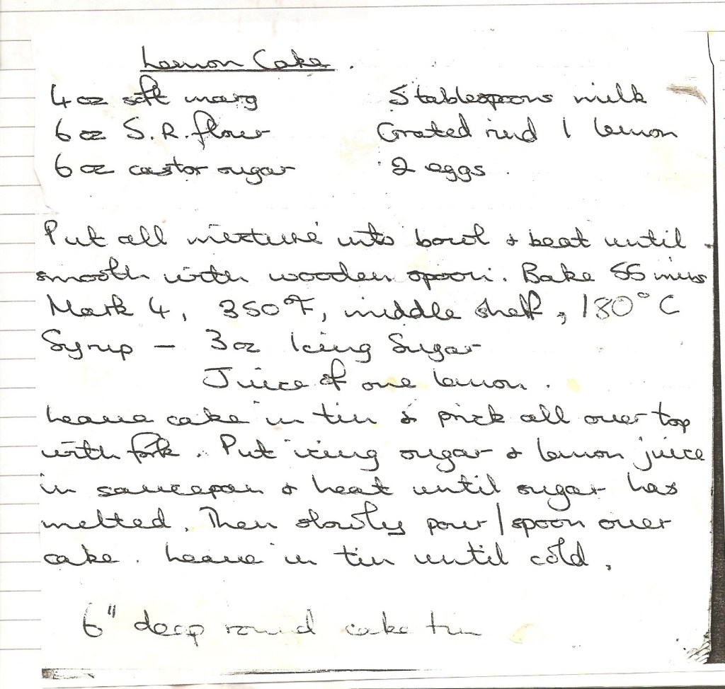 Handwritten recipe for Lemon Cake, from a scanned page.