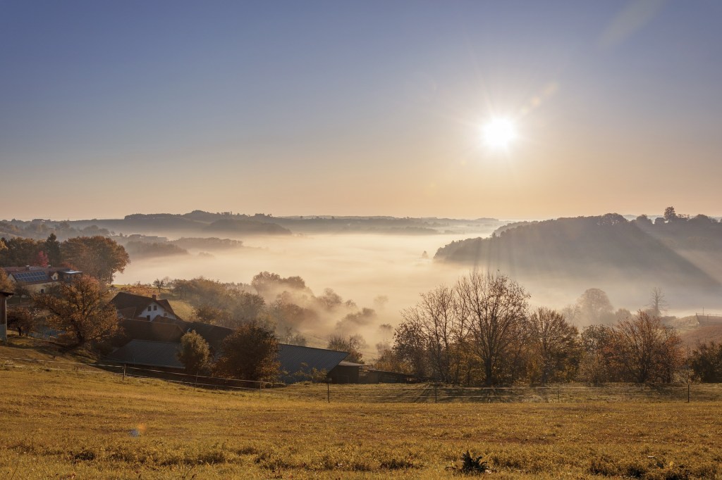 Golden field on a slope leading to pastoral house roofs, autumnal trees with bare branches or brown leaves, and fog over a valley with a bright sunrise