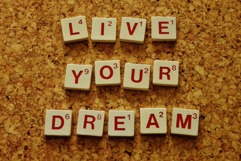 Scrabble letters spelling: Live Your Dream, on a corkboard background