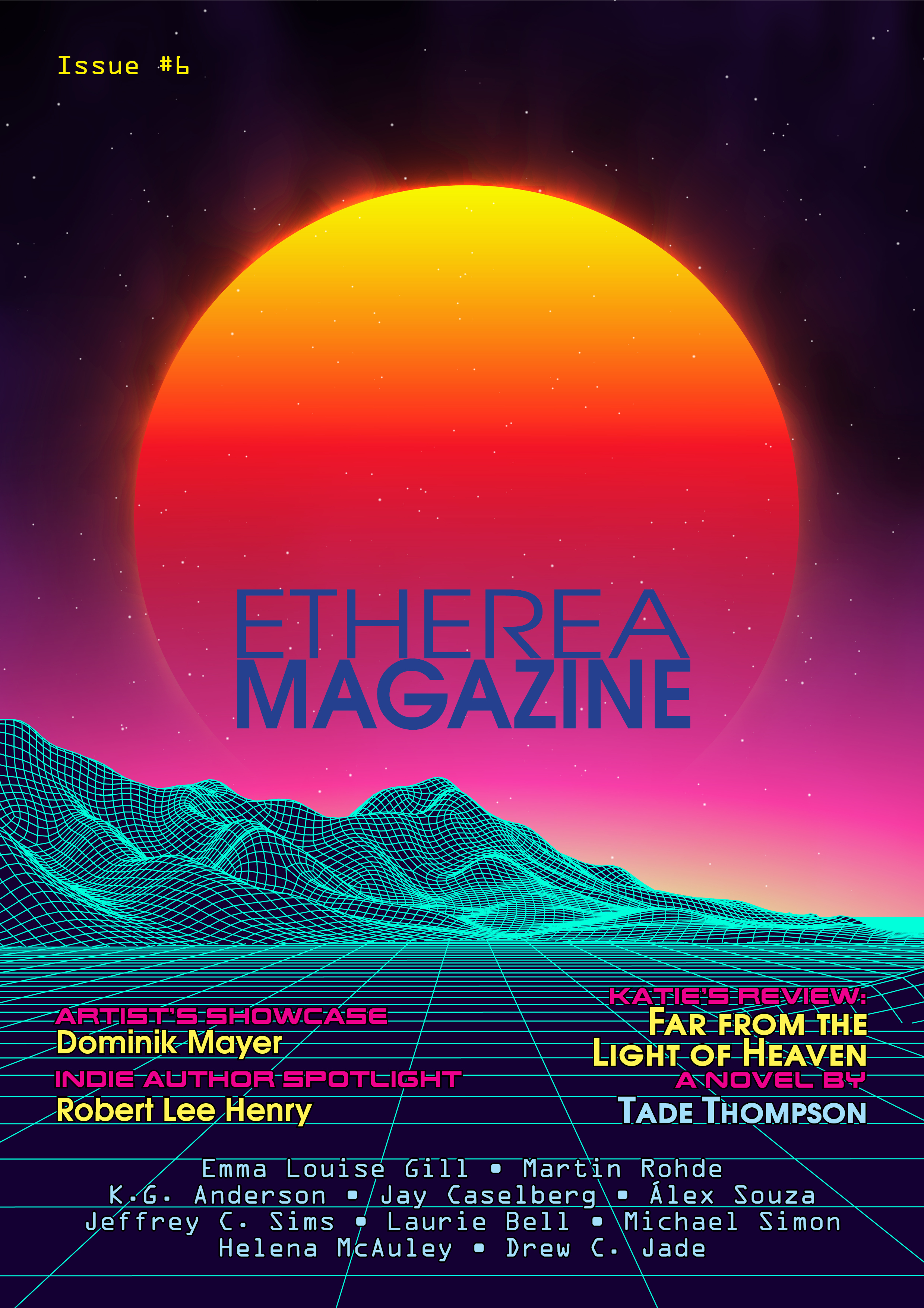 Etherea Magazine Issue 6 cover with retro sun over topography map and names of contributors in bright text