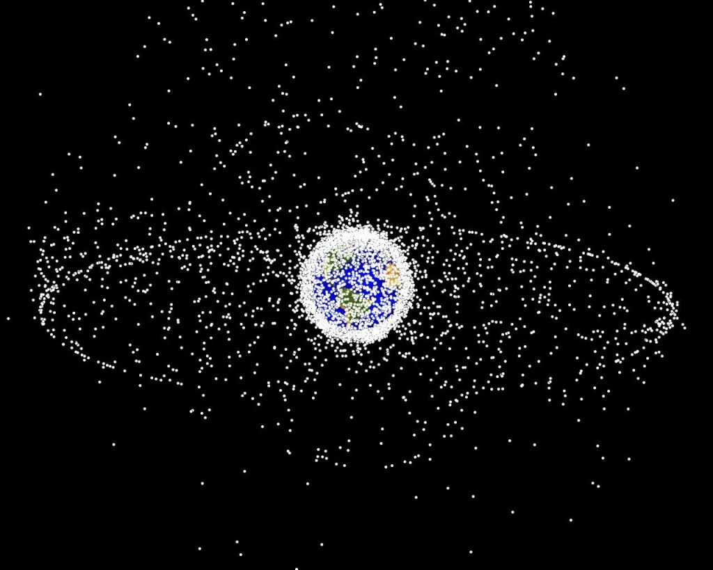 Computer-generated estimate of trackable space debris orbiting the Earth. Most is clustered closer to the planet.