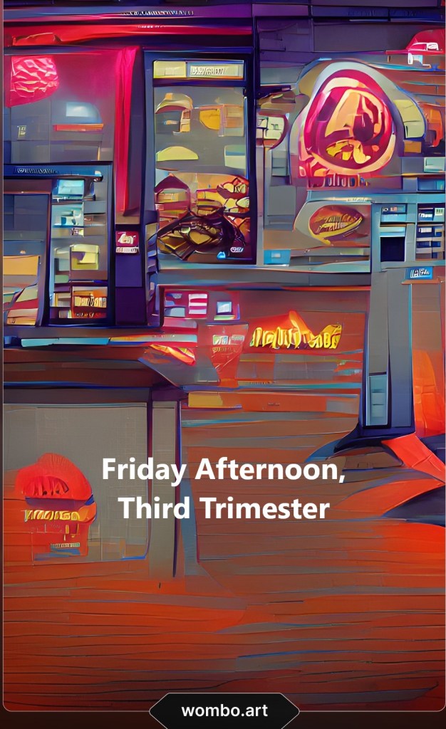 AI-generated artwork of an abstract, futuristic fast food restaurant