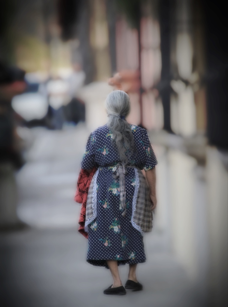 woman with grey hair walking down a street away from the camera, wearing a blue dress with white and red flowers, a red coat over one arm, and a checked apron about her waist