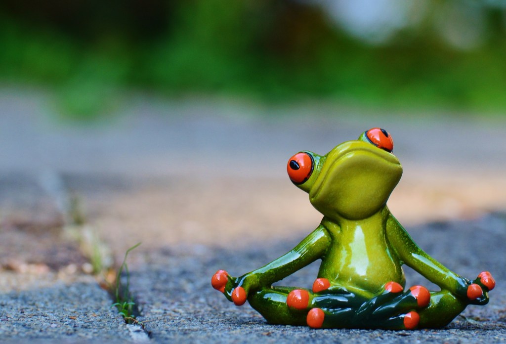 Ceramic frog figurine in a seated yoga meditation pose, eyes open