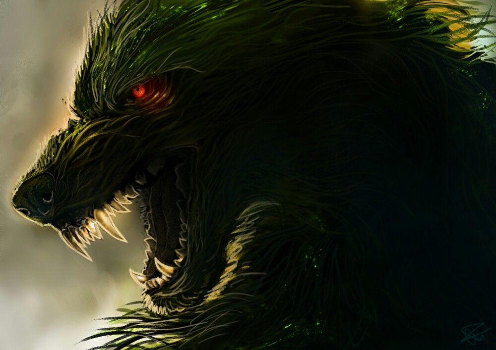 Hound seen side-on, red glowing eyes, sharp wolfllike teeth in open snarl, green mangy fur.