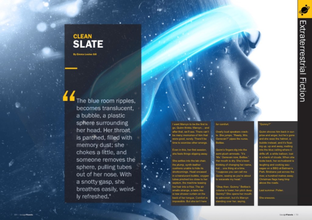 Double page spread of a story, with quote on block black background on left, and three columns of text in orange on right. Image in background is of a woman with pale hair and a shining blue band around her forehead. Title is ‘Clean Slate’